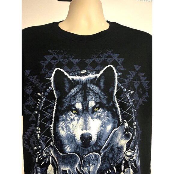 Wolf Native American Dream Catcher Wolves Men Black Graphic T-Shirt Large Cotton - Picture 4 of 6